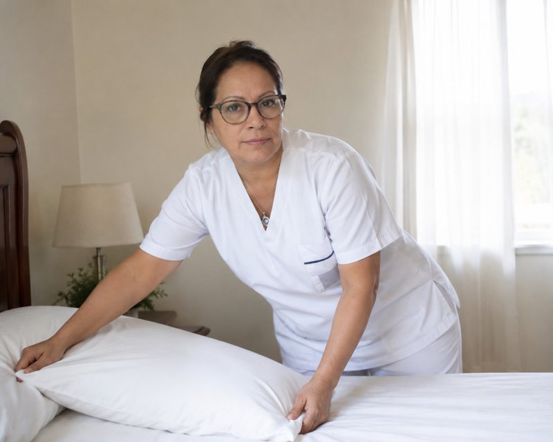 Enfermera preparando la cama para recibir al paciente en casa