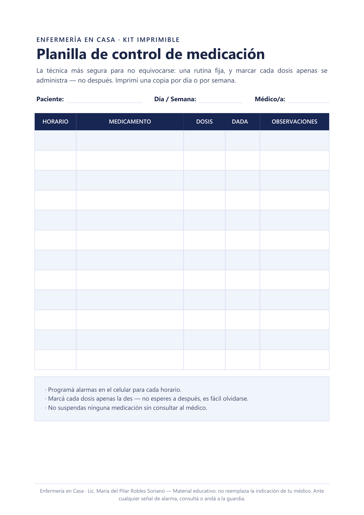Planilla de control de medicación incluida en el curso